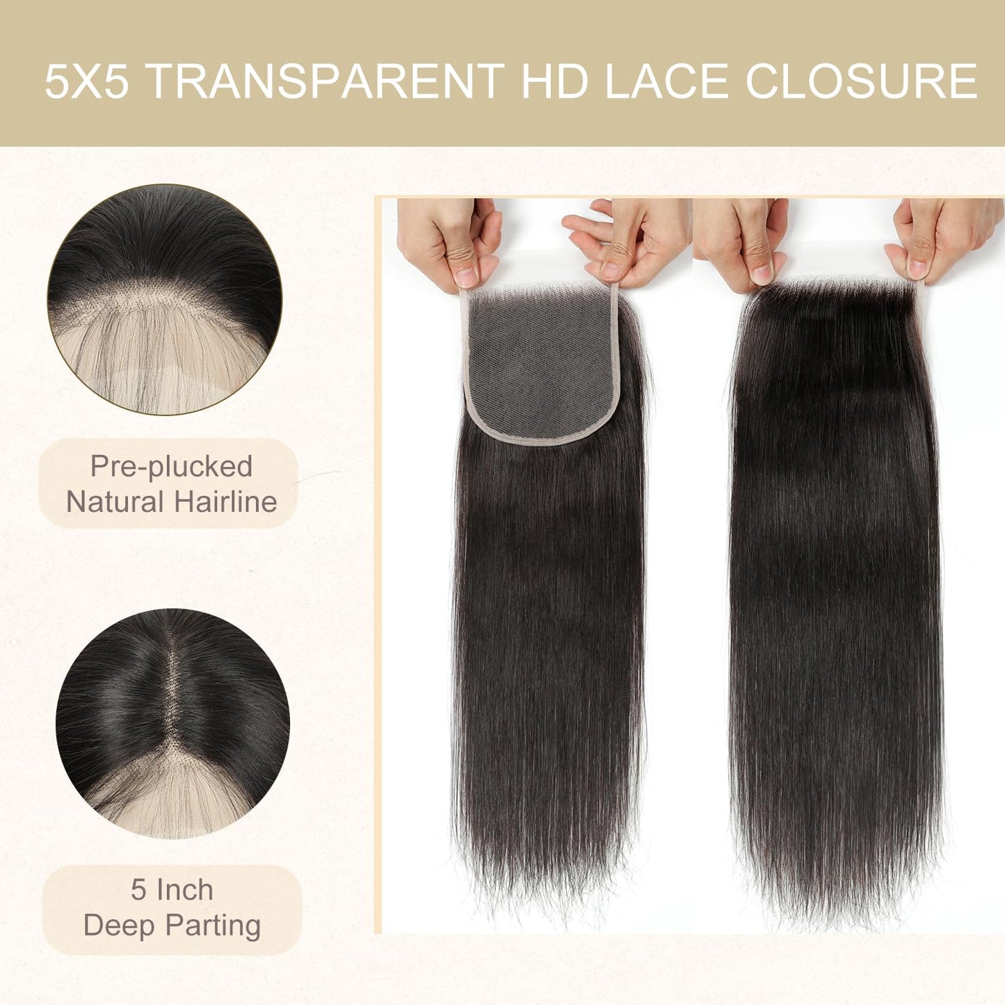 4x4 Transparent HD Lace Closure Virgin Human Hair Closure Invisible Lace Closure Pre Plucked with Baby Hair Natural Black(14Inch,Body Wave)
