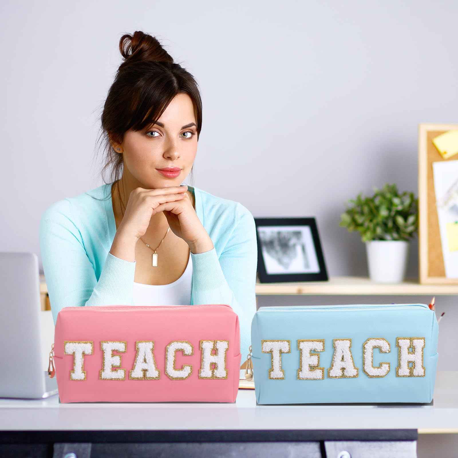 Chunful 9 Pieces Preppy Makeup Bag Bulk Chenille Letters Patch Cosmetic Bag PU Leather Waterproof Toiletry Travel Pencil Case Pouch for Women Traveling Purse (Colorful Color,Teach)