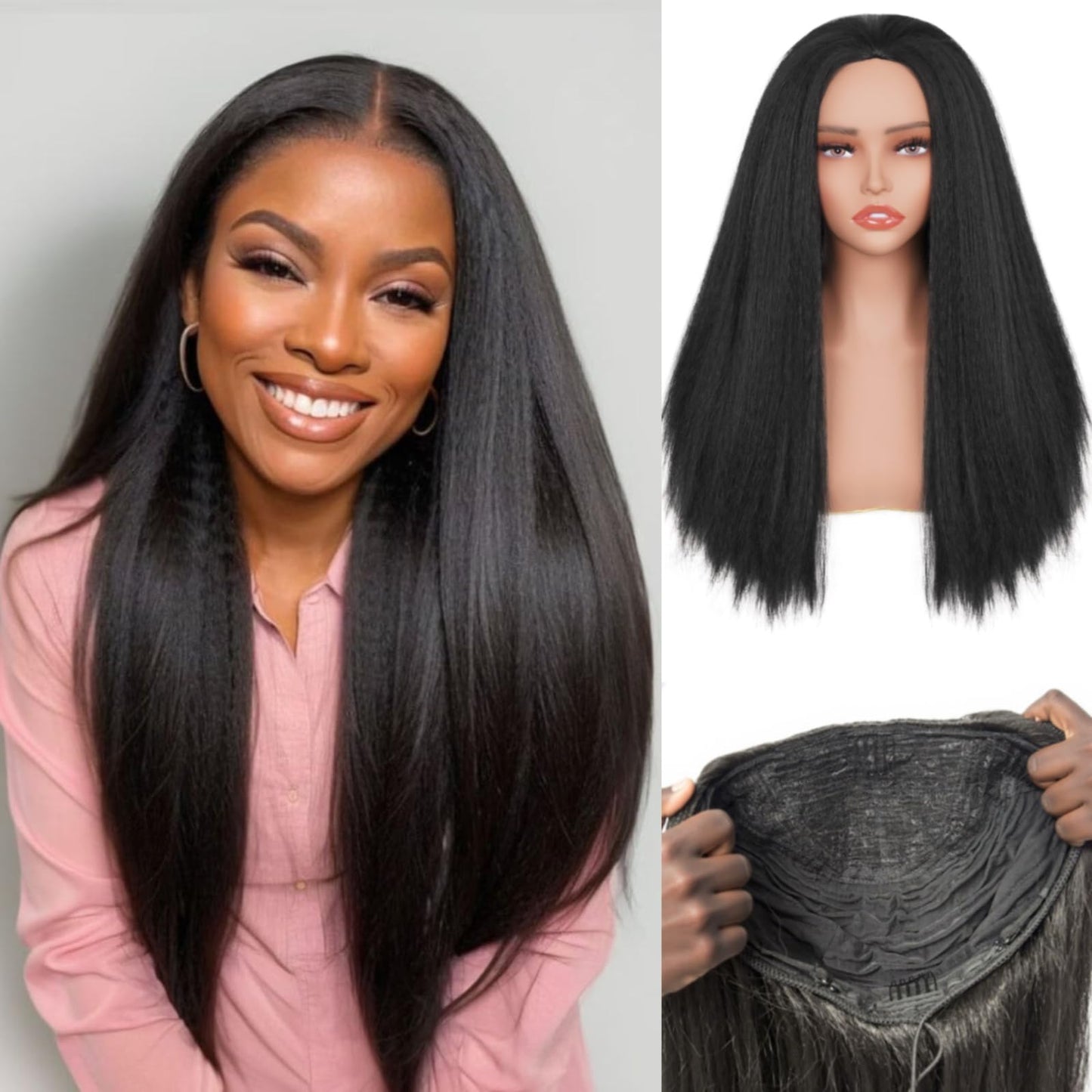 Kinky Straight Half Wig 3 In 1 Synthetic Half Wigs With Adjustable Drawstring Soft As Human Hair Glueless Seamless Flip Headband Wig For Black Women (Black, 22 Inch)