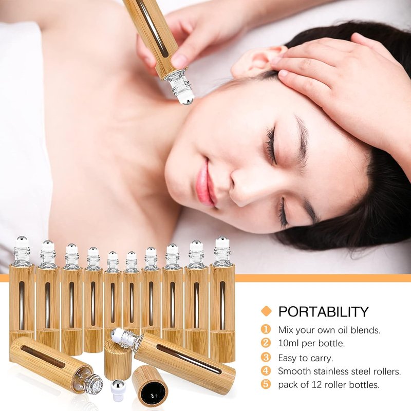 Bamboo Roll-On Bottles for Essential Oils - 12Pcs 10ml Refillable Set with Stainless Steel Rollers & Funnels