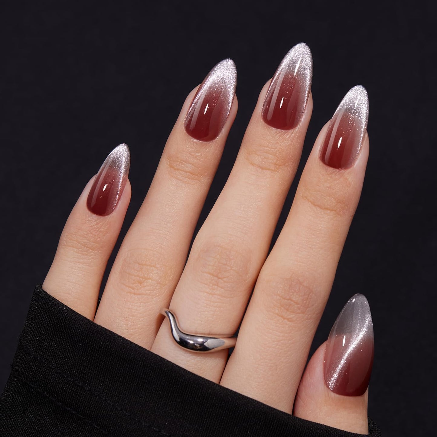 VSALON Almond Medium Press on Nails, Red Maroon Ombre Cat Eye French Tip Summer Semi-transparent Glossy Glitter False Nails, Reusable Gel Fake Nails Kit - 32 PCS in 16 Sizes with Glue & Cuticle Oil