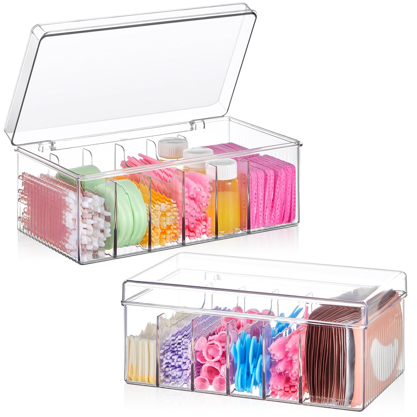 Teenyyou 2 Pcs 8.5 x 4.9 x 3.5 Inch Large Capacity Acrylic Lash Extension Cart Organizers and Storage 6 Divided Eyelash Extension Supply Storage Box Clear Eyelash Cart with Lid Technician Lash Techs