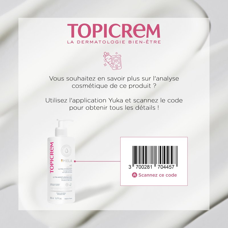 GIGATEMP Topicrem - Mela, Lait Unifiant Ultra Hydratant Corps - Hydrate 24h, Unifie le Teint, Corrige et Prévient l’Apparition des Taches Texture Onctueuse Peaux Sensibles Nouvelle Formule 500ml