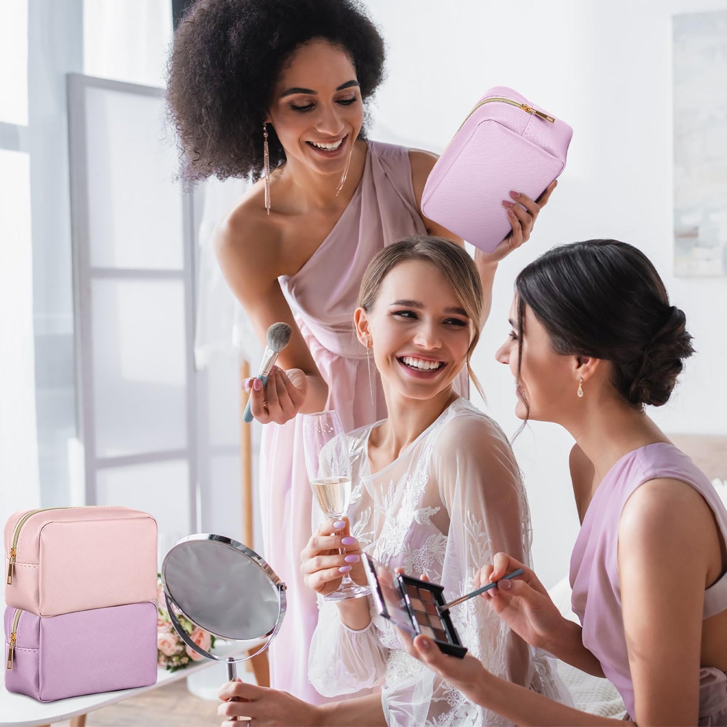 Sweetude 10 Pcs Makeup Bag Bulk for Women Preppy Gift PU Leather Cosmetic Bag Small Skincare Toiletry Pouch Wedding Travel Cosmetic Pouch for Bridesmaid Bride Mother Gift Favors (Pink and Purple)