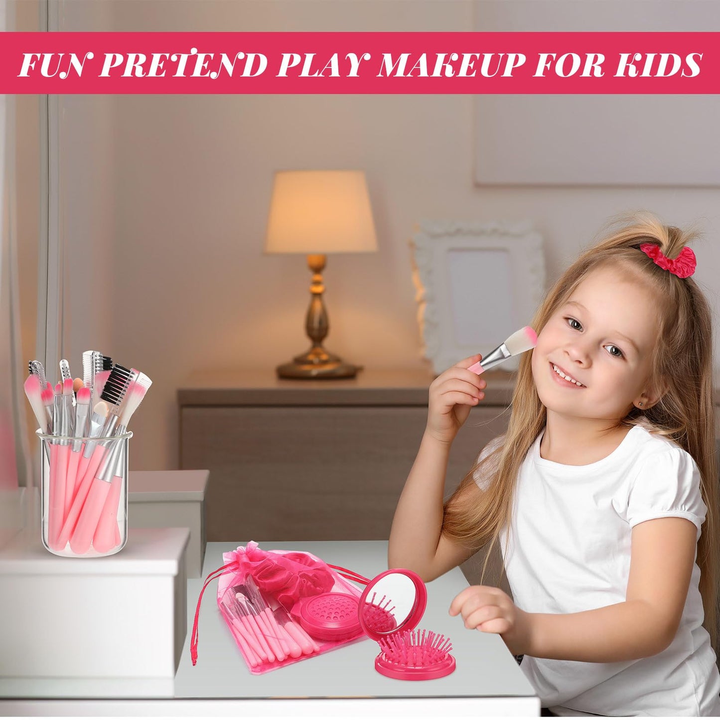 SiliFine Pink Girl Party Favors Girl Makeup Party Favor Party Supplies Set Includes Pink Gauze Bags, Hair Scrunchies, Foldable Mirror Hair Brushes, Makeup Brushes Toys(48 Pcs)