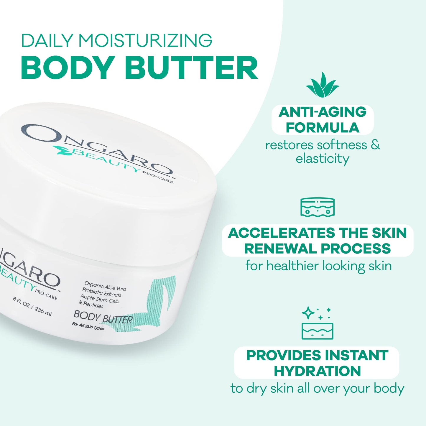Ongaro Beauty - Whipped Body Butter Cream, Organic Shea Butter for Women with Aloe Vera, Plant Stem Cells, Peptides, Hyaluronic Acid, Probiotics, Vitamin C & E, Body Care for Women - 8 Fl Oz