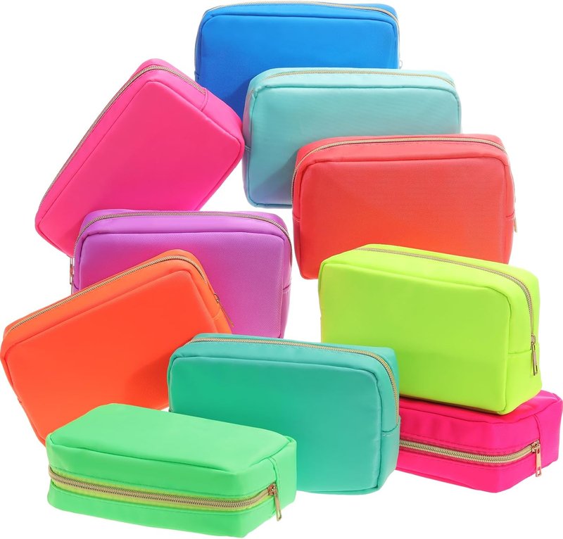 Nylon Makeup Organizer Bag - 10-Piece Reusable Cosmetic Travel Purse | Large Capacity, Neon Color