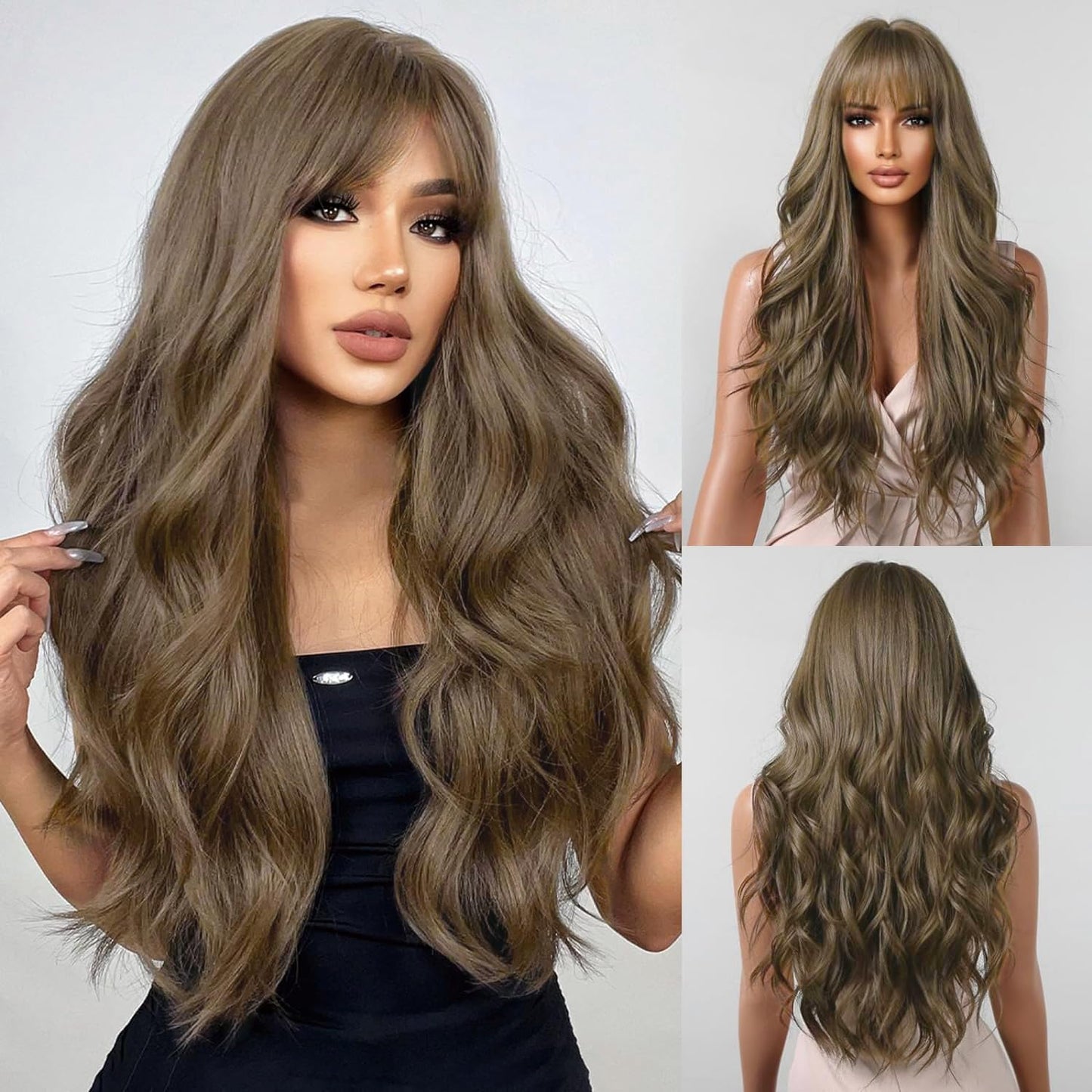 YOUGRACE Ombre Blonde Wig with Bangs Long Wavy Ombre Wigs for Women 26 Inch Curly Blonde Wigs with Dark Root Synthetic Heat Resistant Wigs for Daily Party Use