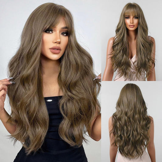 YOUGRACE Ombre Blonde Wig with Bangs Long Wavy Ombre Wigs for Women 26 Inch Curly Blonde Wigs with Dark Root Synthetic Heat Resistant Wigs for Daily Party Use