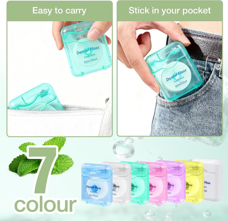 Dental Floss Bulk Travel - Mint Flavored Waxed Oral Care | 50m/55yd, Pack of 70, 7 Colors