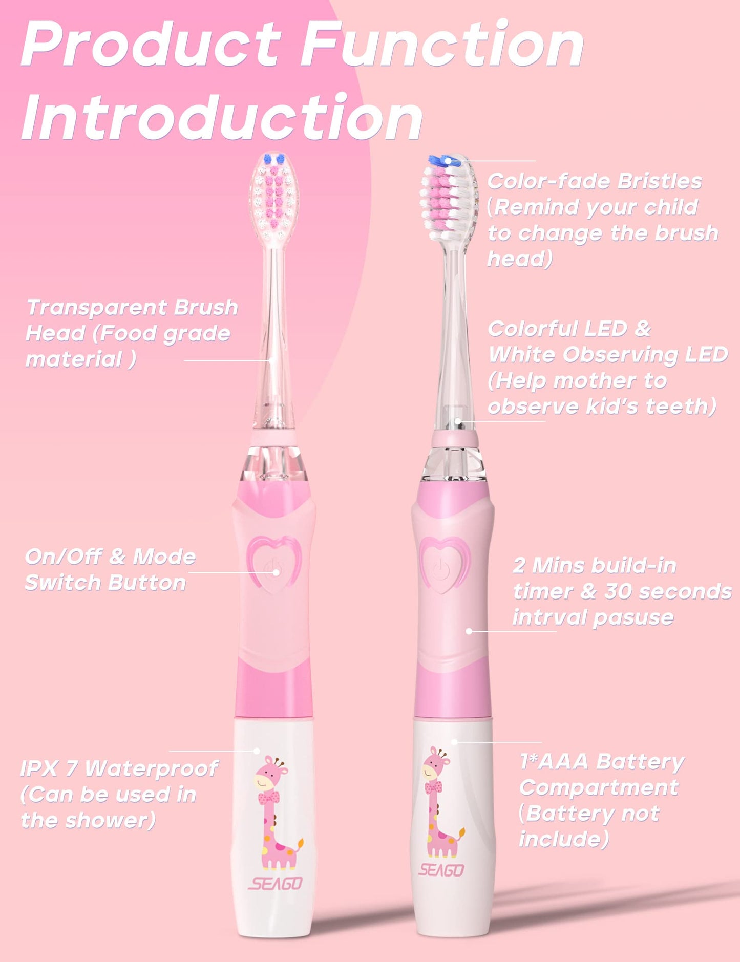 SEAGO Kids Electric Toothbrush, Timer, LED Light, AAA-Powered, 4 Heads