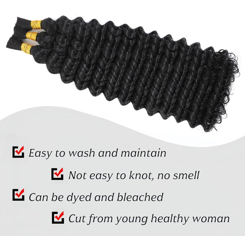 Human Braiding Hair for Boho Braids Deep Wave Bulk Human Hair 18 Inch 12A Knotless Boho Braiding Curly 100% Virgin No Weft Extensions Bohemian Braids 3 Bundles/Pack Natural Color