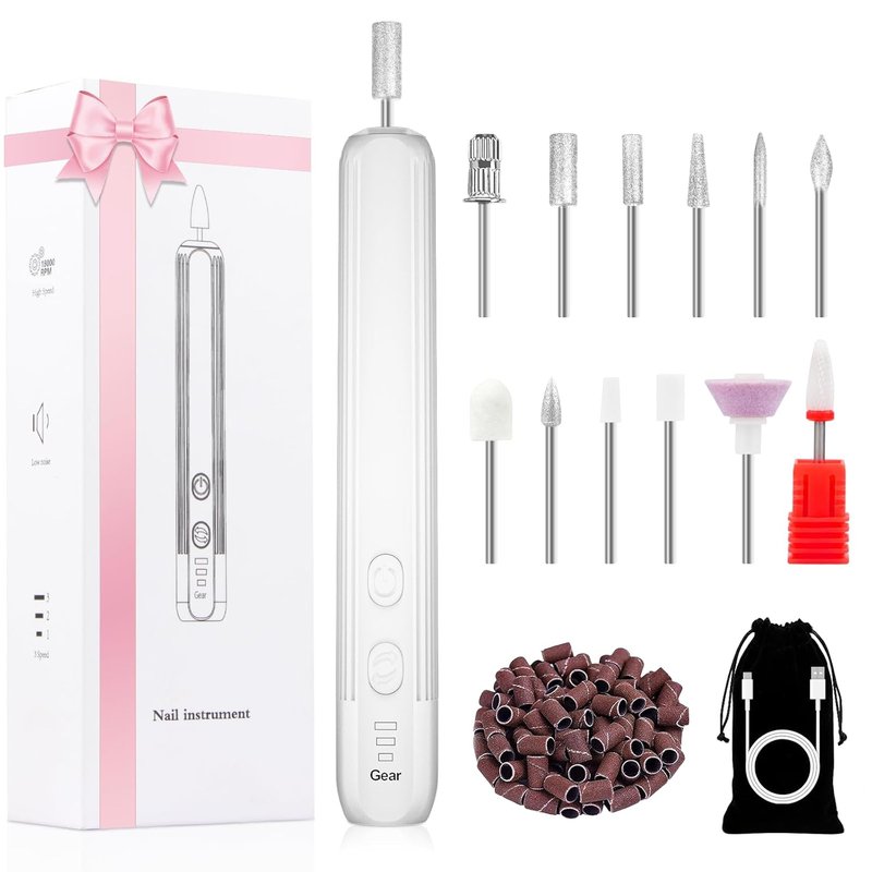 Electric Nail Drill - Professional Cordless Manicure & Pedicure Kit | 3-Speed Rechargeable Nail File for Thick Nails & Cuticles - White