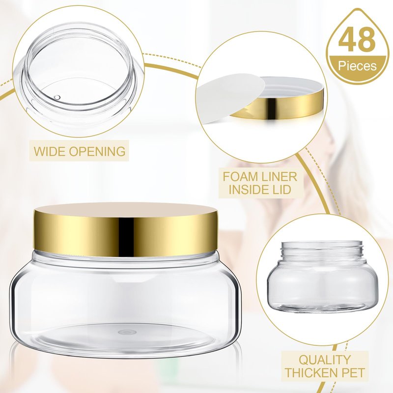 Mumufy Round Plastic Containers Plastic Jars with Lids Empty Travel Containers for Creams Refillable Cosmetic Jars for Lotions Body Scrub Body Butter(5 oz,Gold,Clear,48pcs)