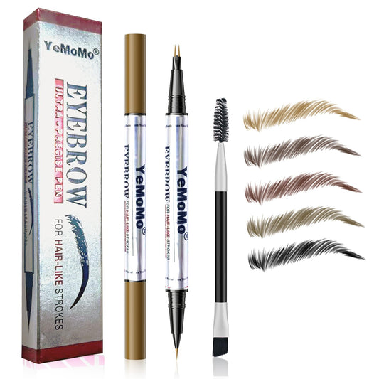YeMoMo Dual-Tip Eyebrow Pencil, 2-in-1 Waterproof Brow Liner with Ultra-Fine Fork and Precision Tip, 5 Natural Shades from Light Brown to Black (3#Dark Brown)