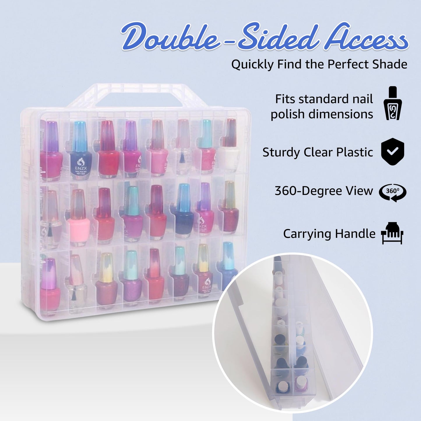 AISLE 3 ESSENTIALS Nail Polish Organizer for 48 Bottles, Clear Double Sided Nail Polish Storage Case with Adjustable Dividers, Portable Nail Supplies Organizer with Handle