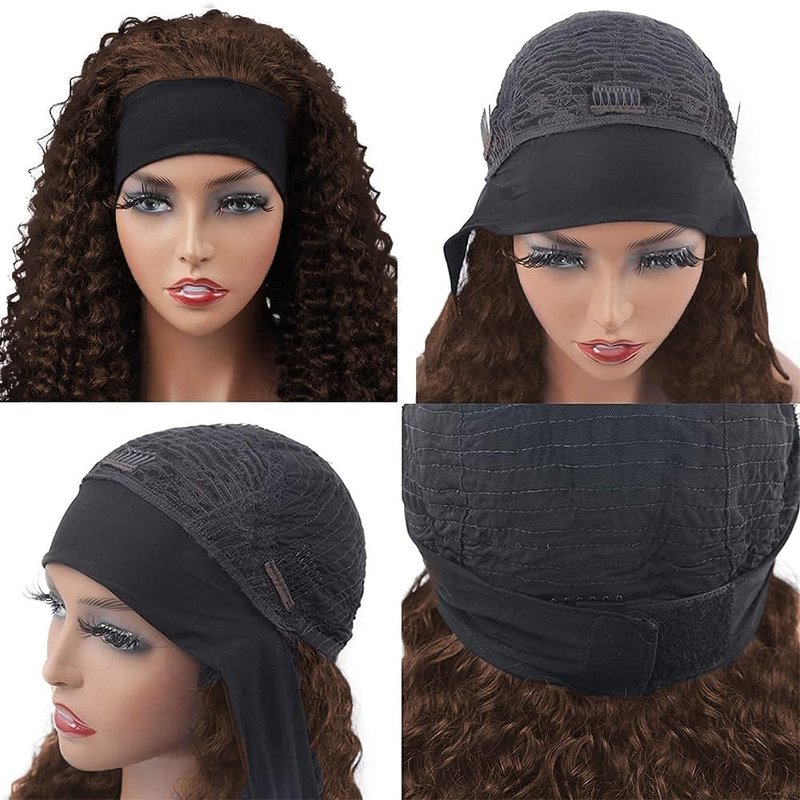 NICMISS Chocolate Brown Headband Wig Human Hair Deep Wave Human Hair Wigs for Black Women 12 Inch Curly Headband Wig Glueless None Lace Front Brazilian Virgin Hair Wear and Go 150% Density