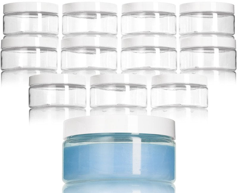 JUVITUS 8 oz Clear PET Plastic Low Profile Jar with White Smooth Lids (12 Pack) BPA Free Large Refillable Empty Storage Containers