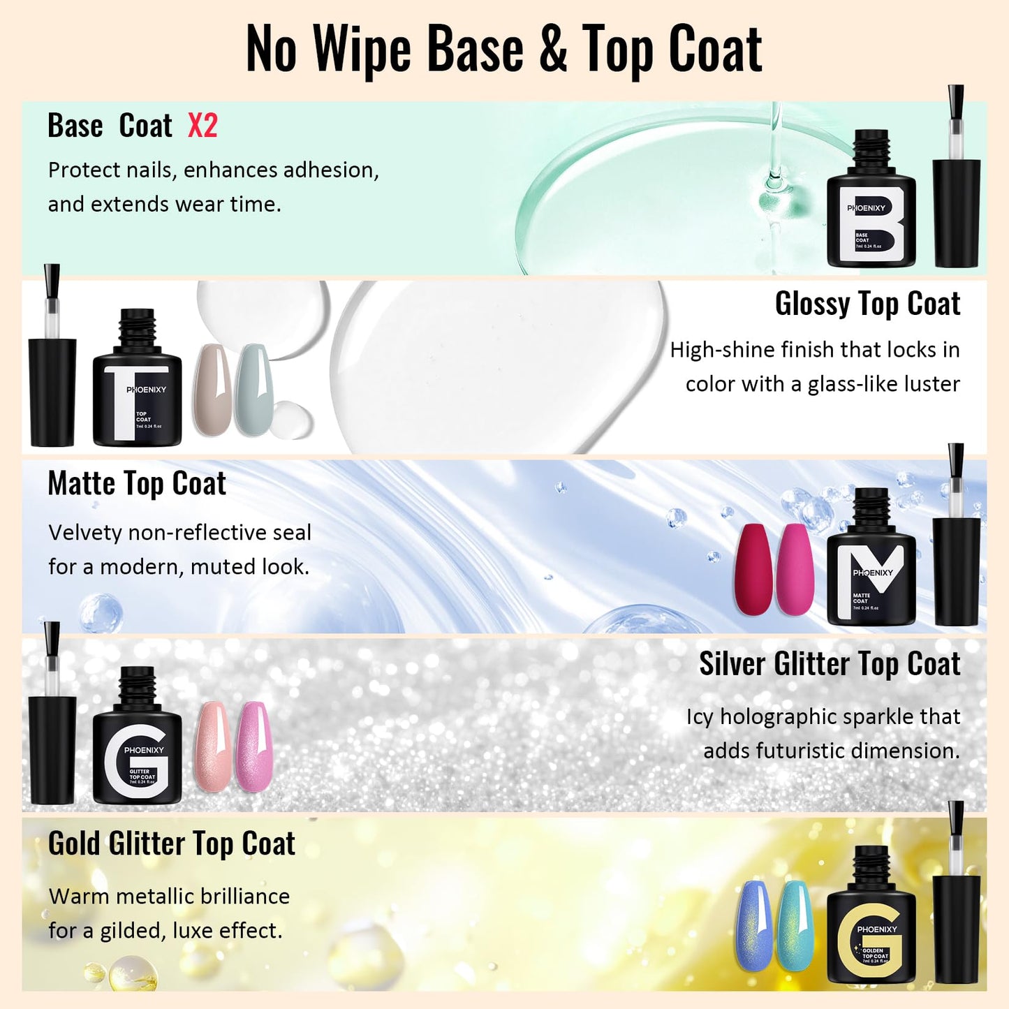 PHOENIXY 50 Pcs Gel Nail Polish Set, 42 Colors Nail Polish with 2 Base Coat & 4 Effects Top Coat Red Brown Colors Gel Polish Kit Nail Starter Set Christmas Gifts for Women Girls