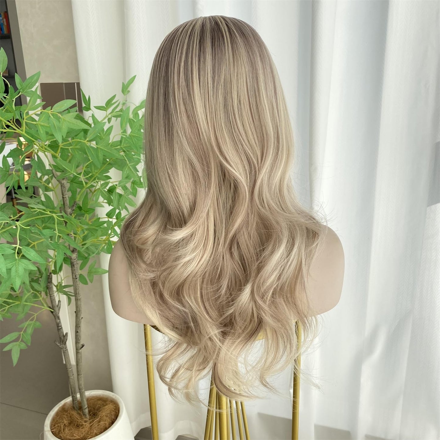 VASTCURY Ash Blonde and Light Brown wigs Highlight with Curtain Bangs 13x4 Lace Front Wig Long Wavy Synthetic Fiber 20Inch Pre Plucked Hairline for Women