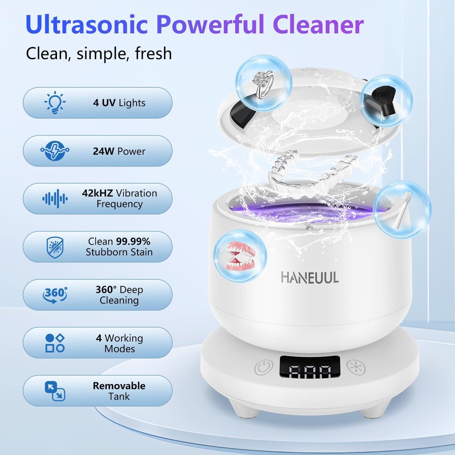 Ultrasonic Retainer Cleaner - 2025 Denture & Aligner Cleaning Machine | 4 Modes, Durable Design, White