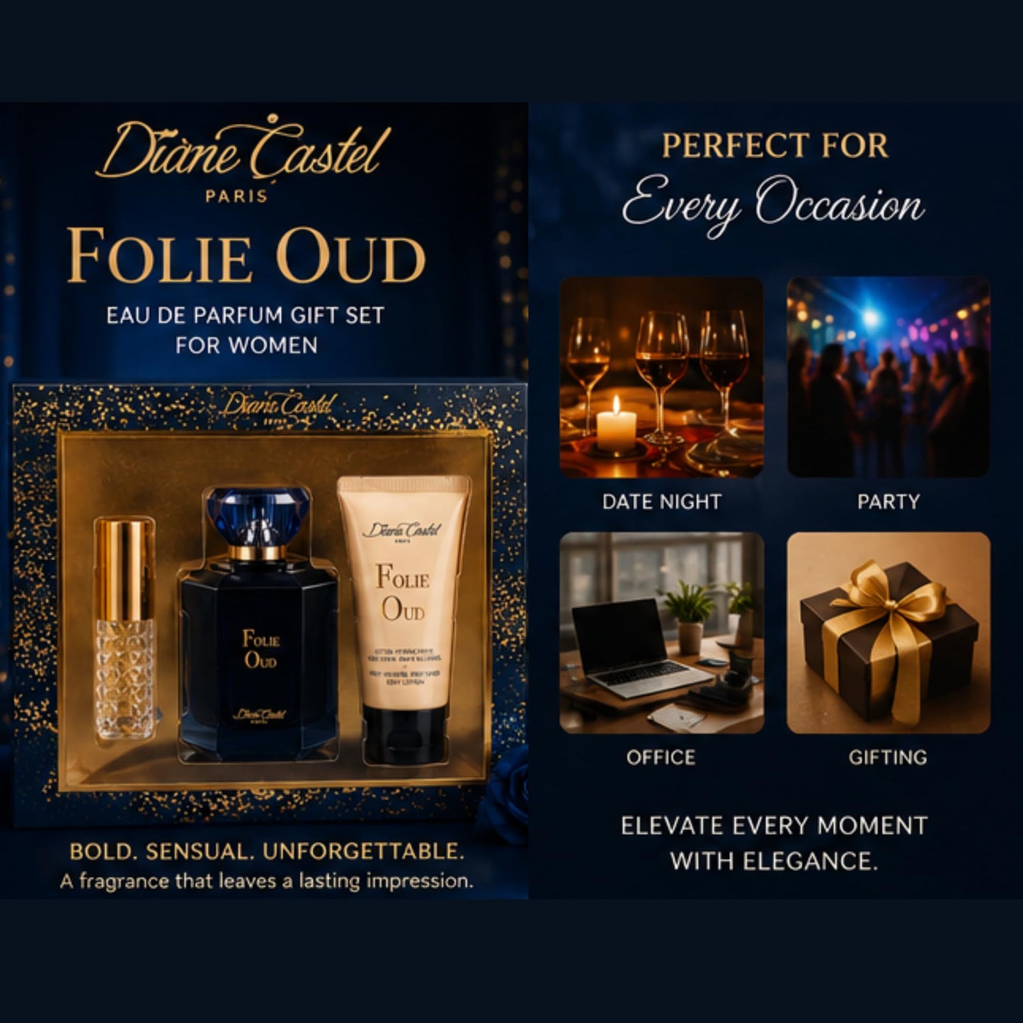 Diane Castel Folie Oud Gift Set - Floral Woody Amber Fragrance - Women Perfume and Body Lotion - Notes of Jasmine, Rose, and Oud - 3 pc
