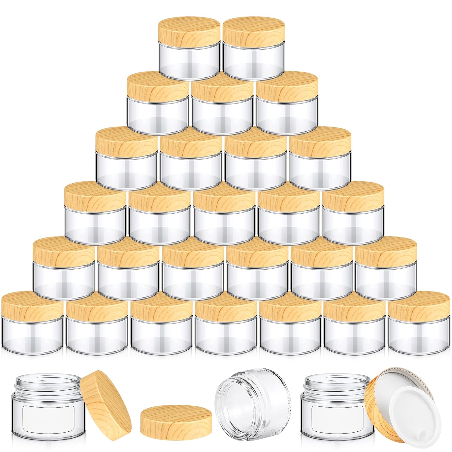 Layhit 24 Pcs 50 ml Cosmetic Glass Jars with Lids 1.69 oz Small Jars with Plastic Woodgrain Lids, White Labels and Inner Liners Empty Round Cosmetic Containers for Creams Lotions Powder