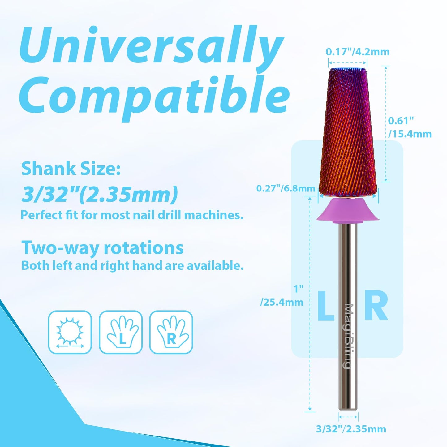 5-In-1 Large Tapered Barrel Nail Drill Bit, 3/32’’ Safety Tungsten Carbide Efile Bit, Fast Remove Acrylic Hard Gel Dip Powder Builder Gel, Professional Nail Tech Tool, Left & Right Hand, Double Fine
