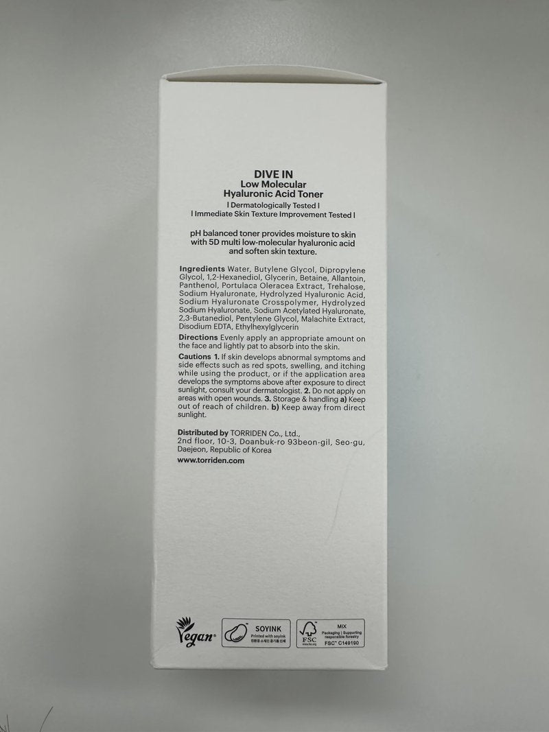 Torriden Dive in Toner 300ml (10.14 fl. oz.) | pH Balancing Facial Toning Water for Dry Skin | Hyaluronic Acid, Panthenol, Allantoin