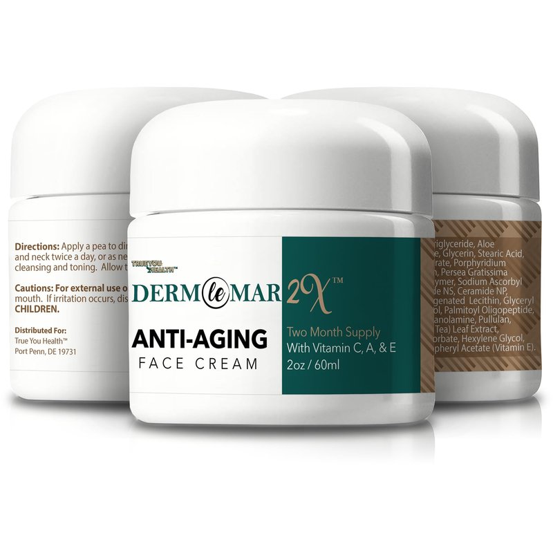 Derm Le Mar 2x Anti-Aging Face Cream - 2 Month Supply - Improved Formula w/Vitamin C, A & E - Aid Healthy Collagen Levels - Help Protect Skin Stem Cells, Reduce Wrinkles Appearance, & Fade Age Spots