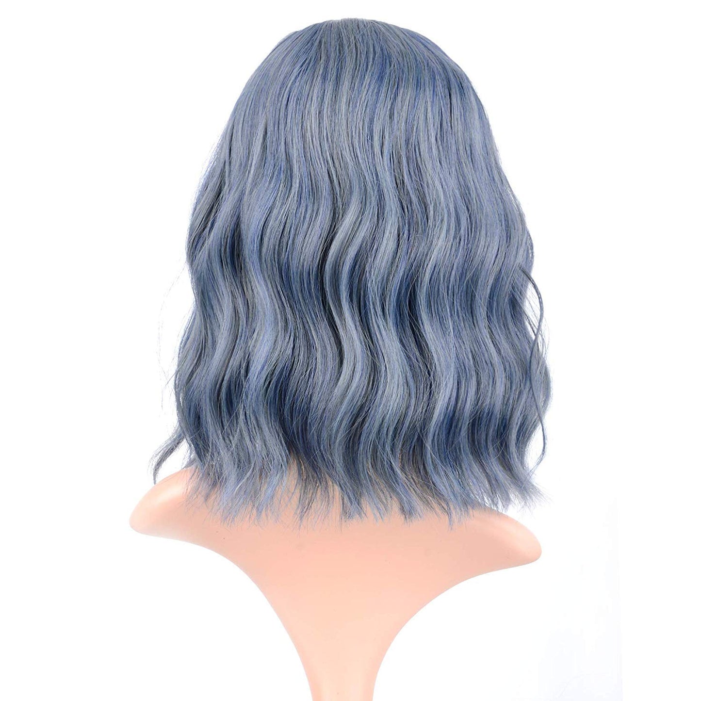 FAELBATY Blue Wigs With Air Bangs Shoulder Length Short Wave Wig For Women Curly Wavy Synthetic Cosplay Wig Blue Wig for Girl Halloween Costume Wigs (12" Dusky Blue Color)