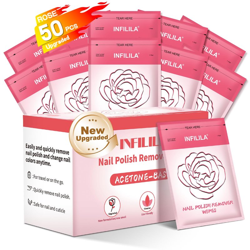 NXJ INFILILA Upgraded Nail Polish Remover Pads - Jumbo Size 50 PCS Acetone Pads with Rose Oil & Aloe Vera, Individually Sealed, Travel-Friendly, Lint-Free, for Regular Polish, Home & Salon Use