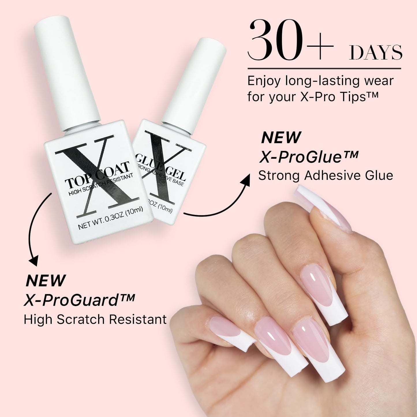 SXC Cosmetics French Tip Press On Nails – Pink Series, Medium Square Fake Nails X-Pro Tips Starter Kit | 150PCS, 15 Sizes, 5 Styles