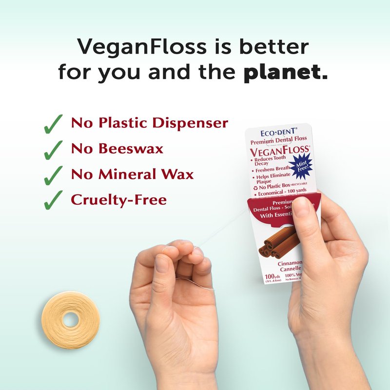 Eco-Dent VeganFloss Dental Floss, Waxed, Cinnamon - Floss with Vegan Plant-Based Wax, Recyclable Cardboard Packaging, 100 Yds (Pack of 2)