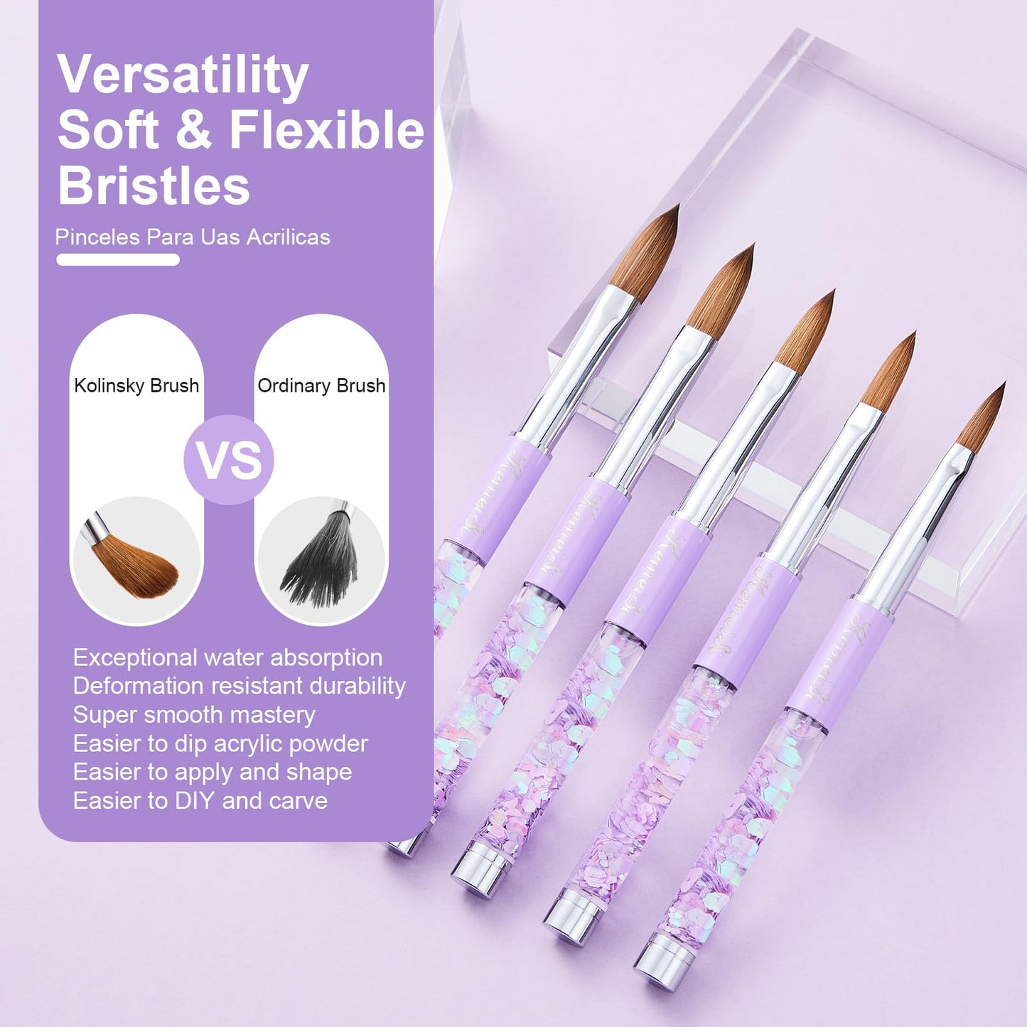 KEMEISI 5PCS Acrylic Nail Brush Set, Sizes 06/08/10/14/16 Kolinsky Art Brushes for Application, Sturdy Handle Oval Shaped Powder Design Tools for Professional Manicure DIY