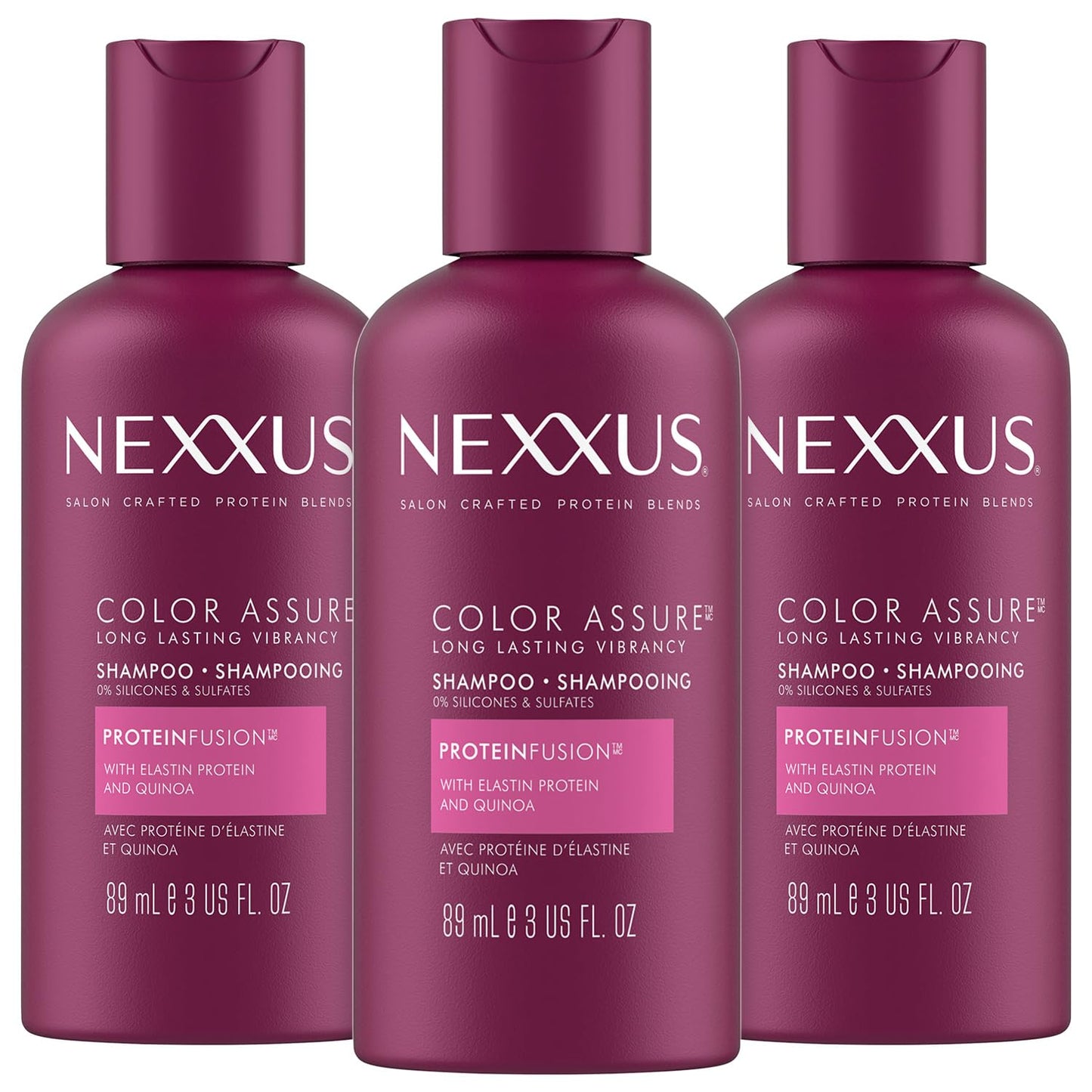 Nexxus Shampoo, Color Assure, Travel-Size 3-Pack – Replenishes and Extends Hair Color Vibrancy, 3 Oz Ea