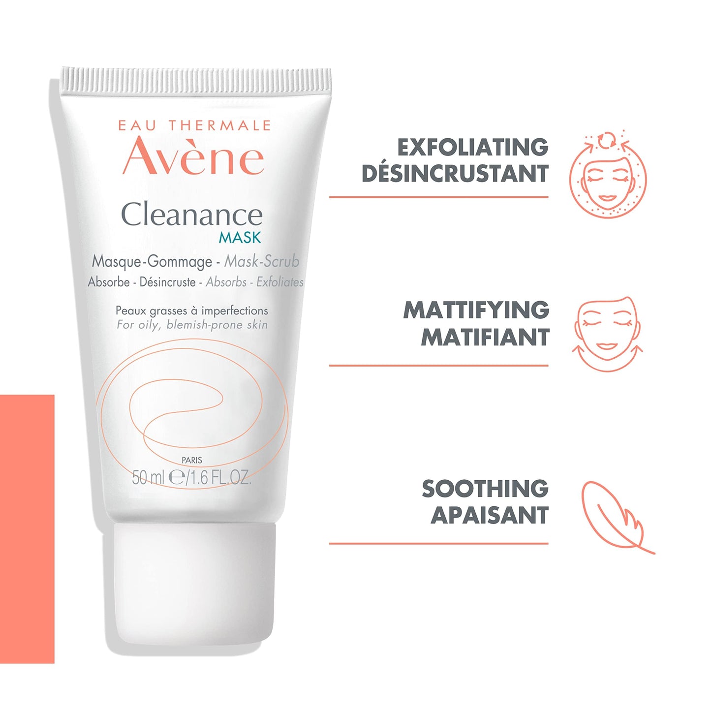 Avène - Cleanance MASK - Clay Exfoliating Mask Scrub - Pore Cleansing - For Oily, Blemish-Prone Skin - 1.6 Fl Oz