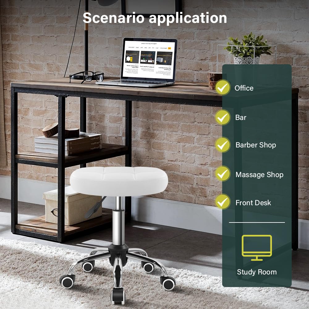 BFTOU White 6-Square Lattice PU Swivel Stool with Wheel for Work SPA Shop Massage Height-Adjustable and Cost-Effective Rolling Stool Chair
