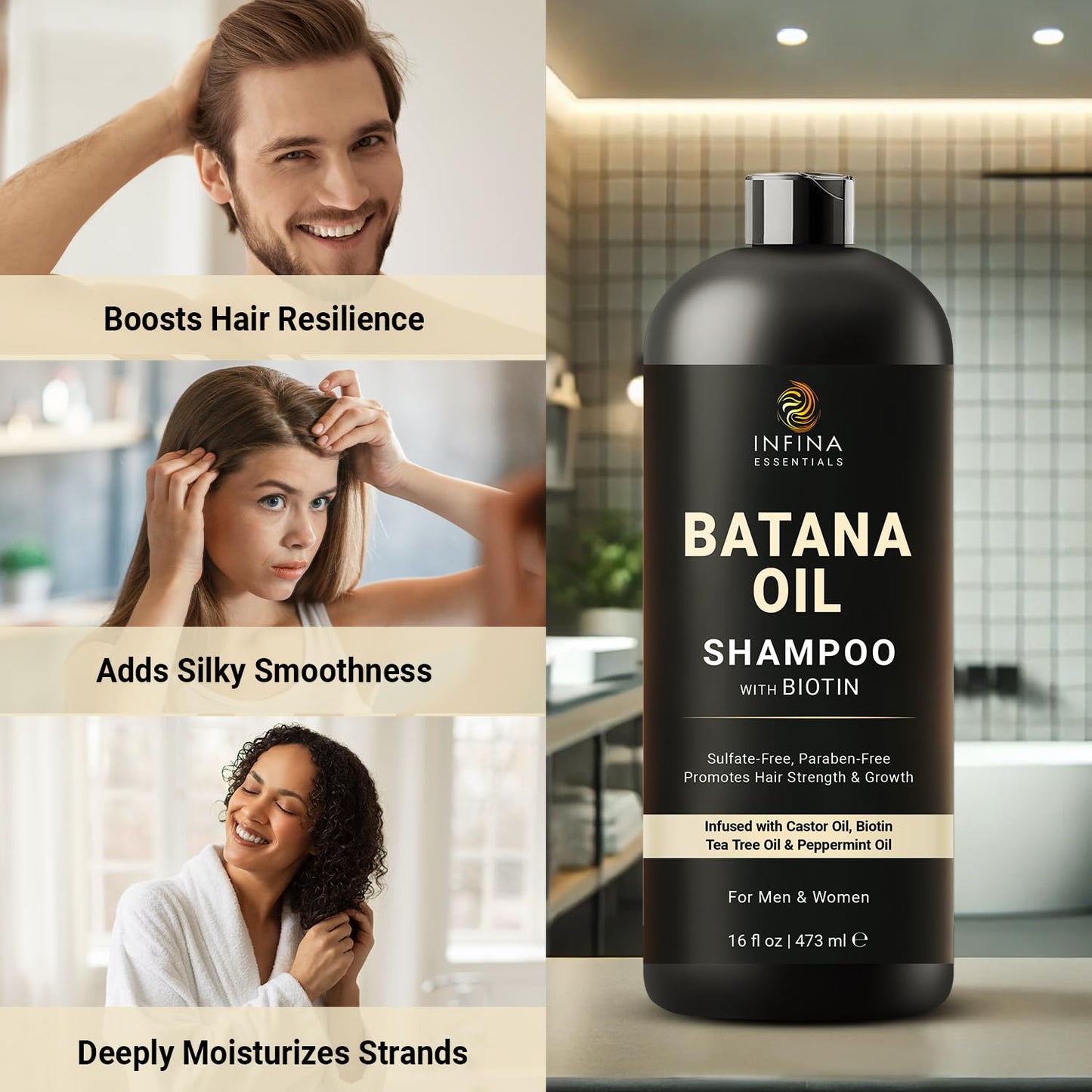 INFINA ESSENTIALS Batana Oil Shampoo | 16 fl oz | with Biotin & Tea Tree | Moisturizing, Strengthening & Nourishing Formula | Promotes Hair Growth and Thickness