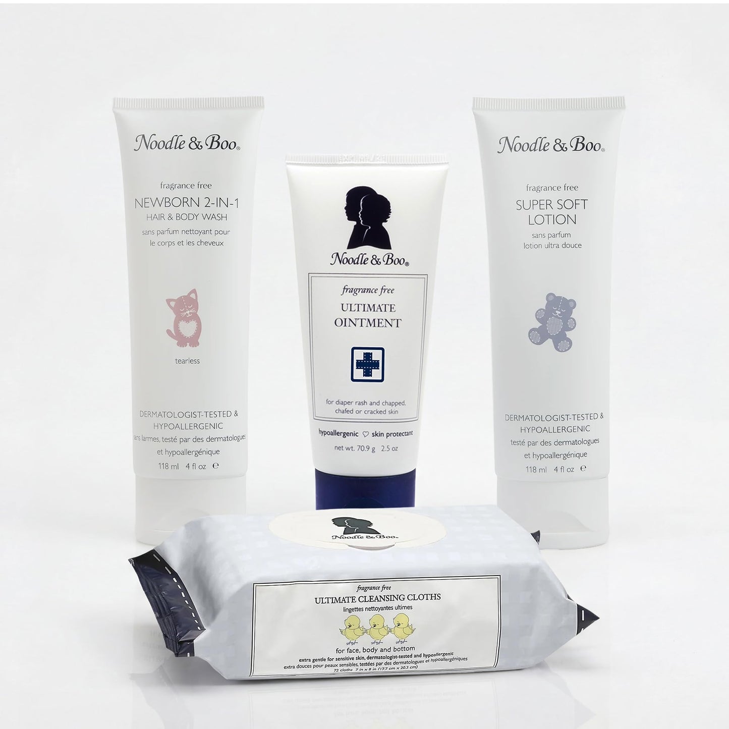 Noodle & Boo Fragrance Free Baby Skincare 4-Piece Bundle – Ultimate Baby Ointment, 2-in-1 Newborn Shampoo & Body Wash, Super Soft Baby Lotion & Cleansing Cloths for Sensitive Skin