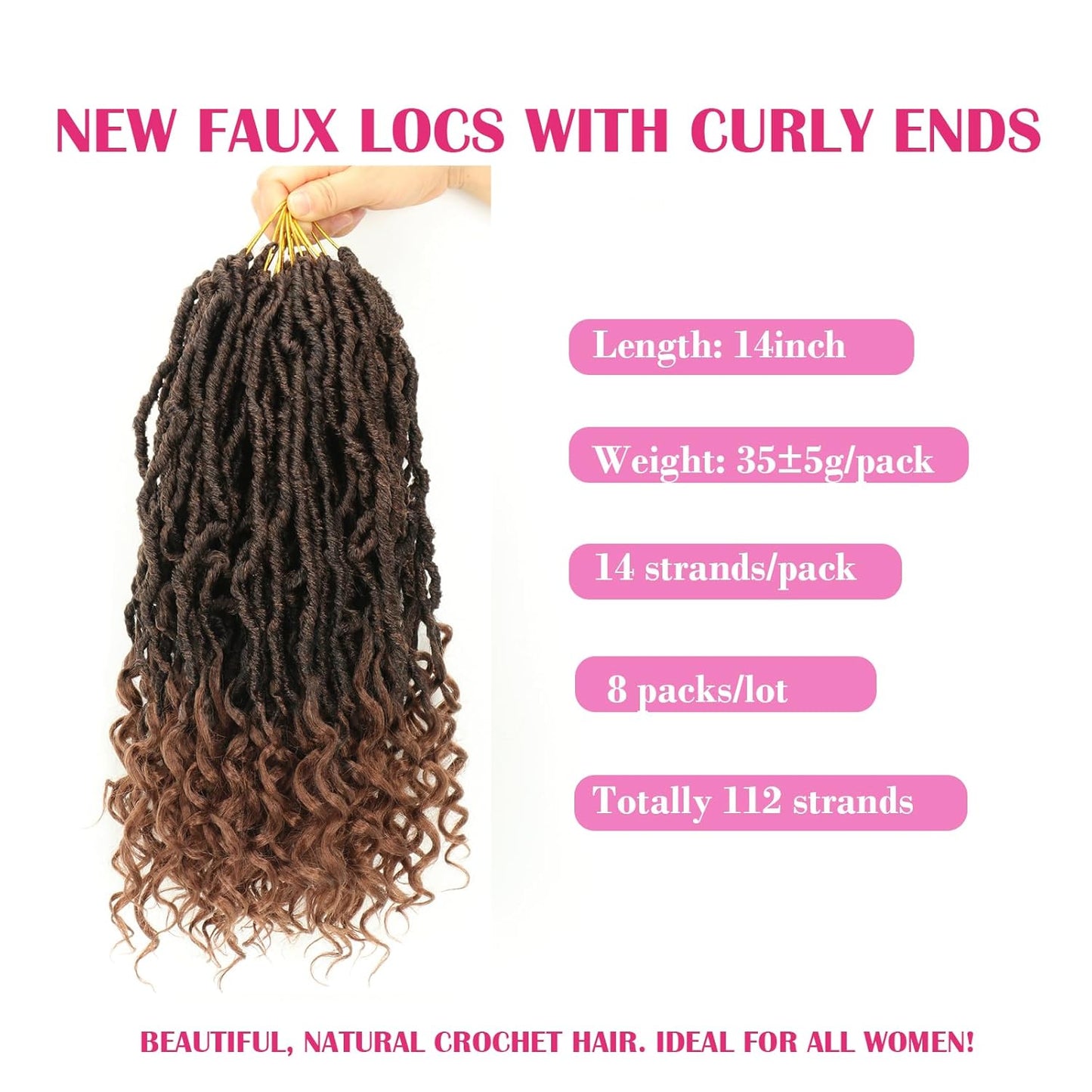 Goddess Locs Crochet Hair - 14 Inch Pre-Looped Boho Faux Locs | Soft Curly Ends for Black Women (1B/30)