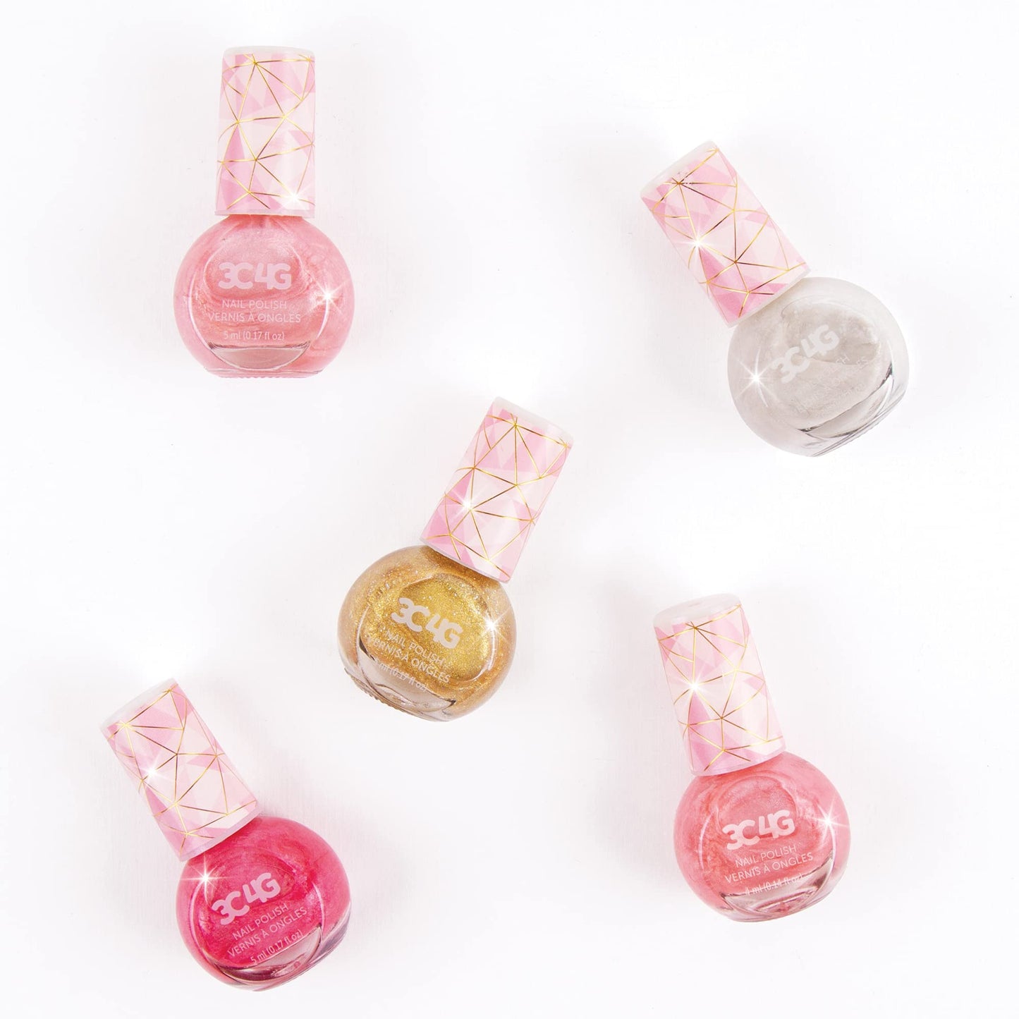 3C4G Pink and Gold Hexagon 5 Pack Nail Polish - Shimmer Nail Polish Set for Girls & Teens - Includes 5 Colors - Non-Toxic Nail Polish Kit for Kids - Ages 8+ by Make It Real