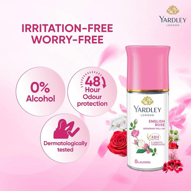 Yardley London English Rose Anti-Perspirant Deodorant Roll-On | 48-Hour Active | Alcohol-Free | 1.7oz (50ml)