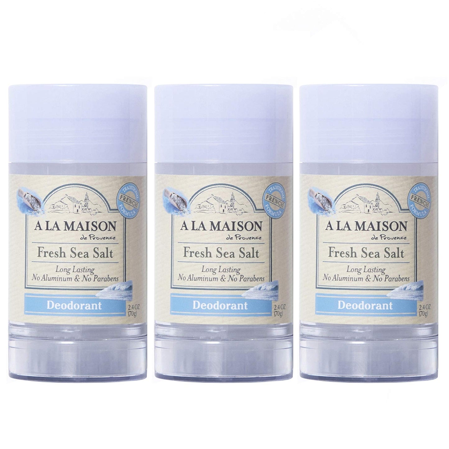 A La Maison Natural Deodorant, Traditional French Formula with Shea Butter, Coconut & Essential Oils, Aluminum-Free, Vegan, Long-Lasting Odor Protection (2.4 Oz, 2Pack, Fresh Sea Salt)