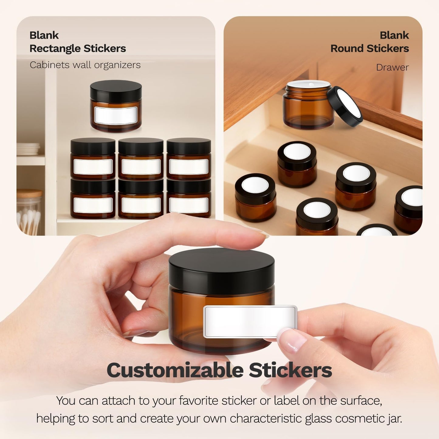 1 oz Glass Jars with Lids, Bumobum 48 pack Amber Cream Jars with Black Lids, Black and White Labels & Inner Liners, Empty Cosmetic Containers for Homemade Balms, Lotion, Salve, Ointment, Body Scrub