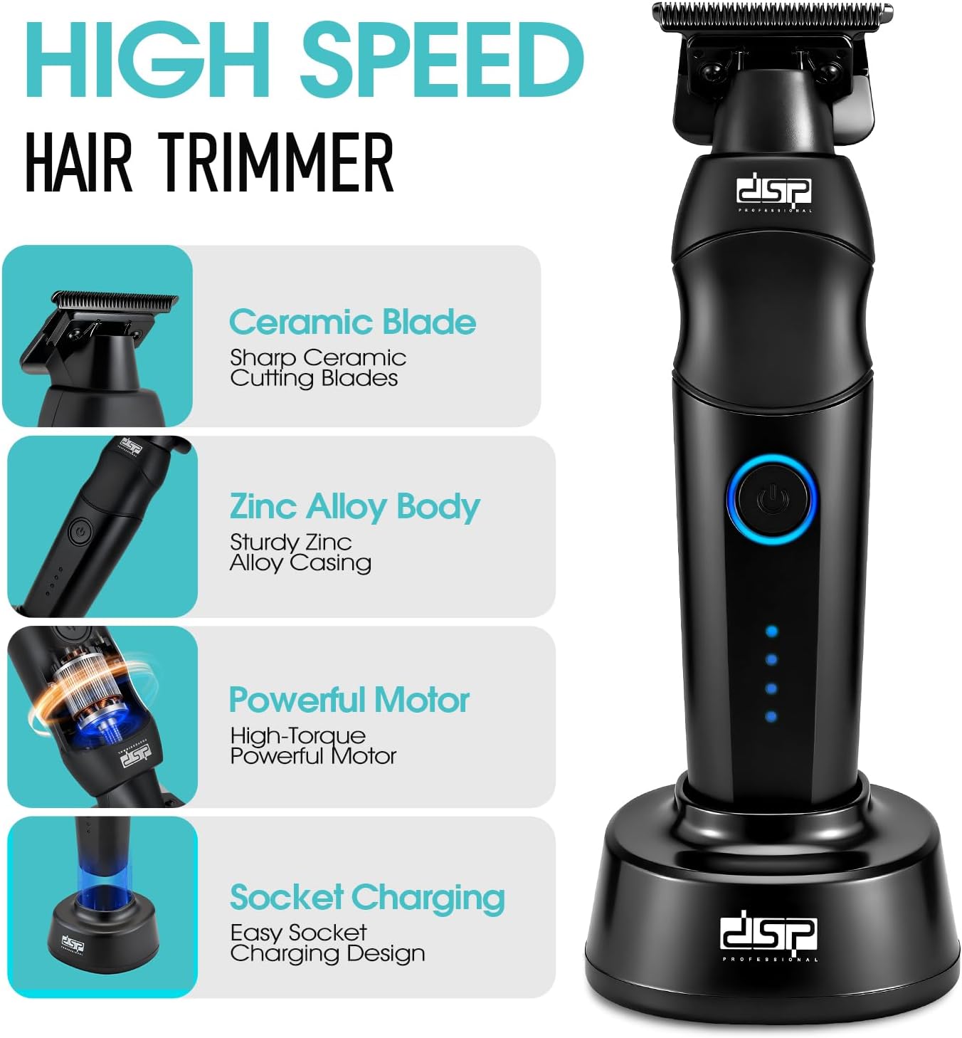 Professional Hair Trimmer for Men - Cordless Beard & Mustache Trimmer with Indicator Light | Low Noise, Zinc Alloy Body (Black)