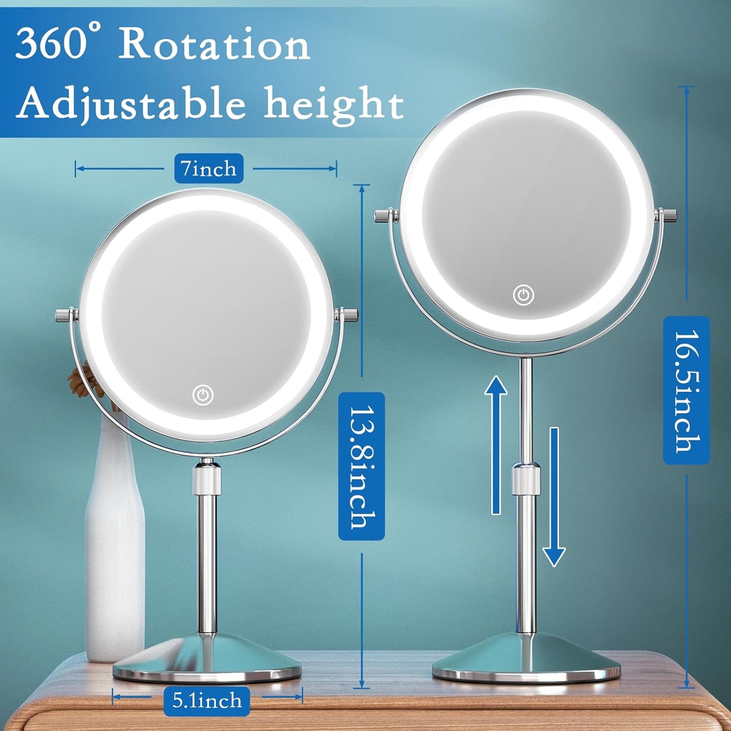Vanity Mirror with Lights - Rechargeable 1x/10x Double-Sided Makeup Mirror | Adjustable Height & 360° Rotation