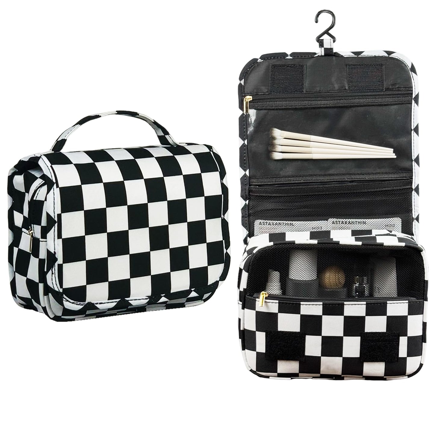 Crazy Bison Hanging Travel Toiletry Bag Kit Makeup Bag Cosmetics Organizer for Men Women (Black & White Checkerboard)