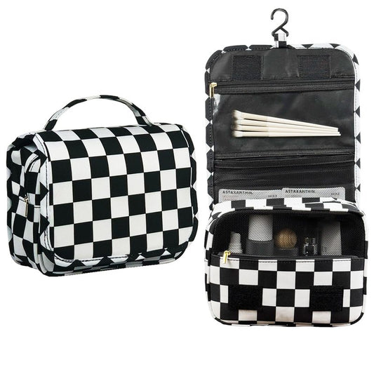 Crazy Bison Hanging Travel Toiletry Bag Kit Makeup Bag Cosmetics Organizer for Men Women (Black & White Checkerboard)