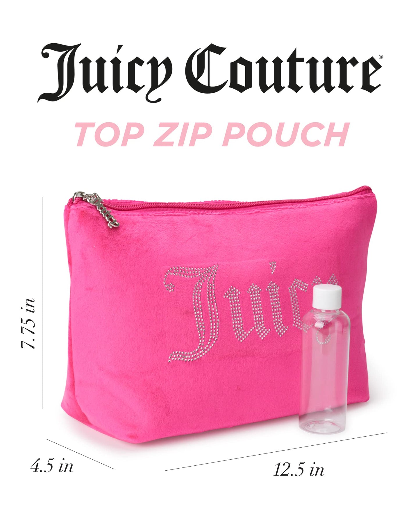 Juicy Couture Hot Pink Makeup Bag Cosmetics Organizer Travel Essentials Zip Top Wedge Velour Rhinestones